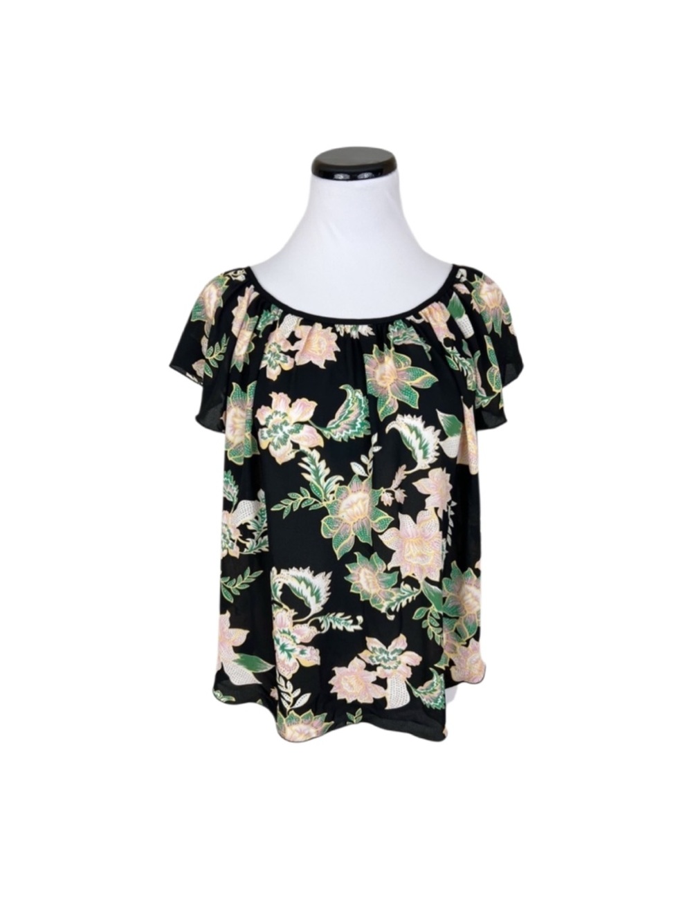 Philosophy Floral Short Flutter Sleeve Blouse Top Black Pink Green Size Small